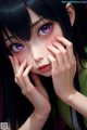 A girl with long black hair and purple eyes holding her hands to her face.