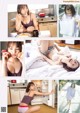 A collage of pictures of a woman in underwear in a kitchen.