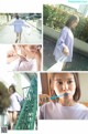 A collage of photos of a woman brushing her teeth.