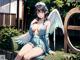 Anime girl with angel wings sitting on a bench.