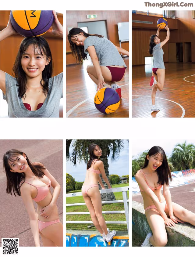 A woman in a pink bikini holding a basketball.