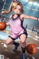 A girl in a pink uniform holding a basketball on a court.