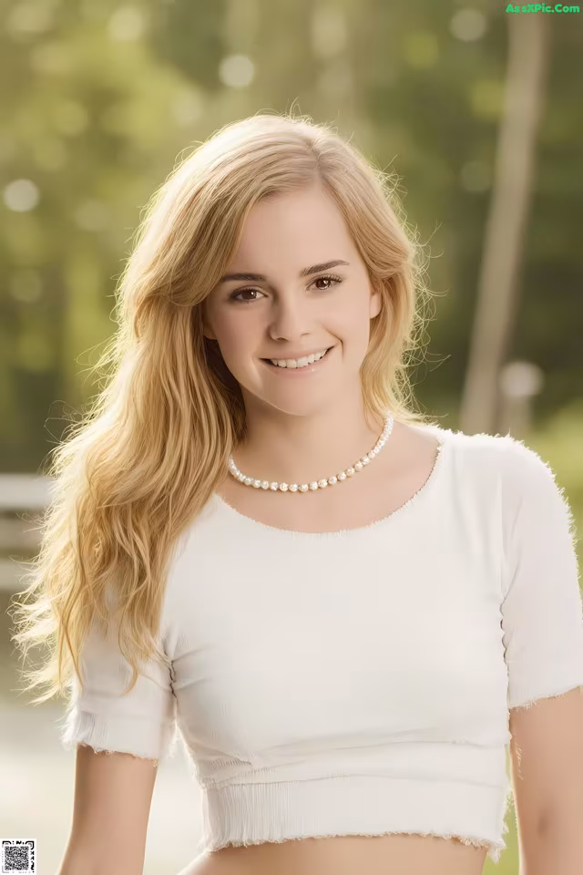 A beautiful young woman in a white top posing for a picture.