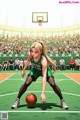 A woman in a green uniform playing basketball on a court.