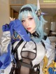 A woman with blue hair wearing a blue and white outfit.
